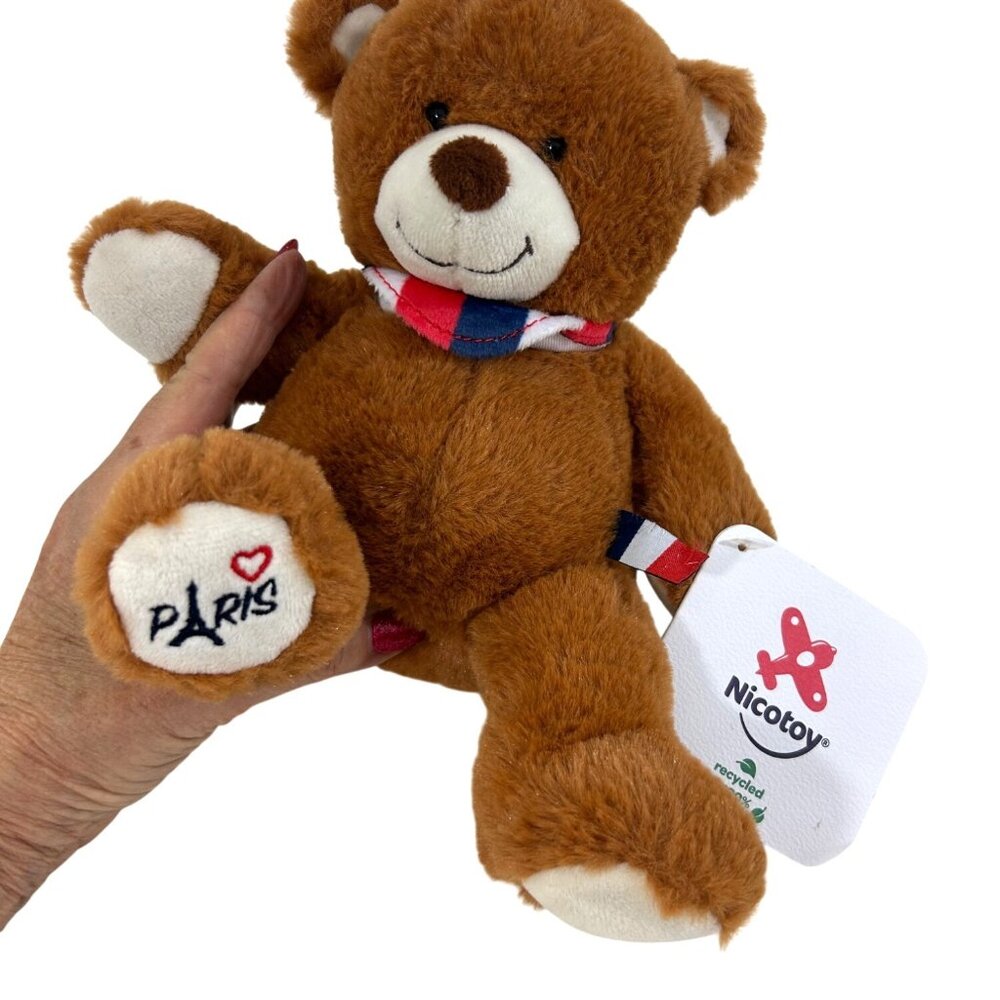Teddy Bear French Souvenir Nicotoy Paris Brown Sits Red White Blue Bandanna 7.5”